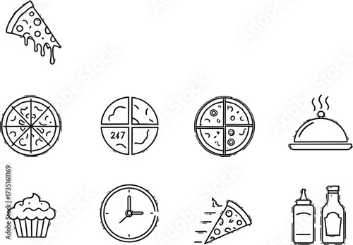 Delicious pizza icons including slices, whole pies, and delivery items for restaurant branding