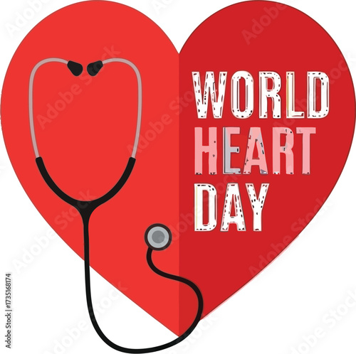 Celebrate World Heart Day with a stethoscope on a red heart for awareness and promotion of cardiovascular health, providing a vibrant, modern design.
