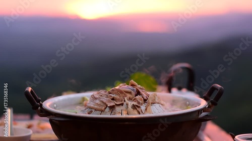 Pork BBQ with mountain view, Pork BBQ dinner with mountain view, cooking and eating Moo Kata, Thai barbecue grill pork with mountain view