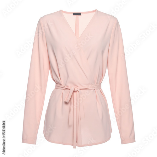 Elegant long-sleeved wrap blouse in a soft, pastel blush pink color is displayed against a stark black backdrop, showcasing its subtle textures and tailored details, including a tie-waist and a...
