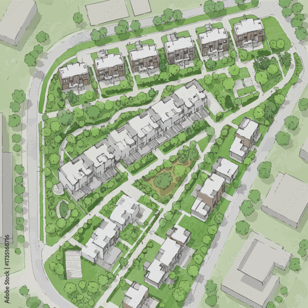 Fototapeta premium An architectural rendering showcases a modern residential complex with townhouses and apartments, integrated into a green, landscaped environment.