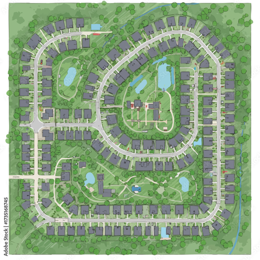 Fototapeta premium An aerial view depicts a meticulously planned residential community, showcasing houses, green spaces, and winding roads, offering a glimpse of suburban living.