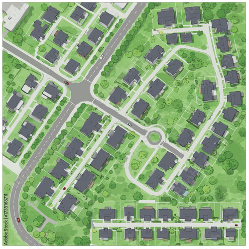 An aerial illustration showcases a modern residential neighborhood with houses, roads, and landscaping designed for comfortable living and community.