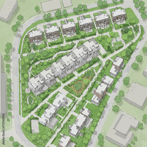 An architectural rendering showcases a modern residential complex with townhouses and apartments, integrated into a green, landscaped environment.