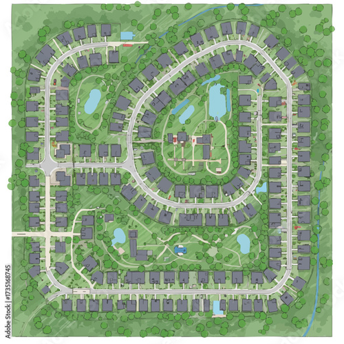 An aerial view depicts a meticulously planned residential community, showcasing houses, green spaces, and winding roads, offering a glimpse of suburban living.