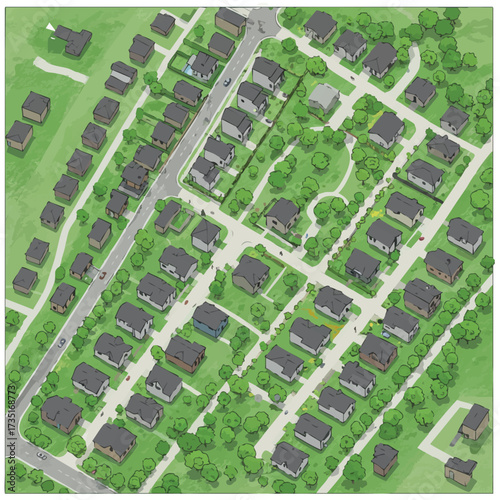 An artistic aerial illustration depicts a residential neighborhood with houses, trees, and roads, offering a bird's-eye view of the community.