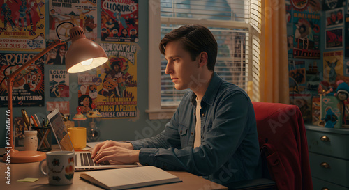 Young man works at laptop in his room