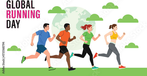 Celebrate Global Running Day with diverse runners achieving fitness goals and promoting health awareness worldwide in a vibrant, motivational illustration