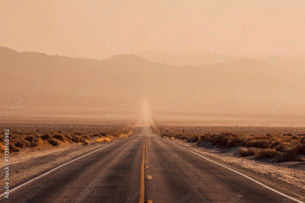 Fototapeta premium A long, straight road stretches into a hazy, golden desert landscape. Distant mountains are softly focused in the pale light