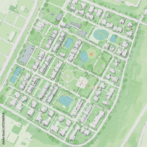 An aerial view showcases a meticulously planned residential community featuring houses, green spaces, and water features in a modern urban design.