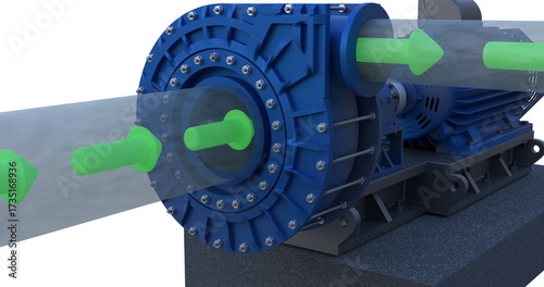 industrial centrifugal pump connected to an electric motor, mounted on a solid base. Transparent piping with bright green arrows highlights the fluid flow direction for visual clarity.