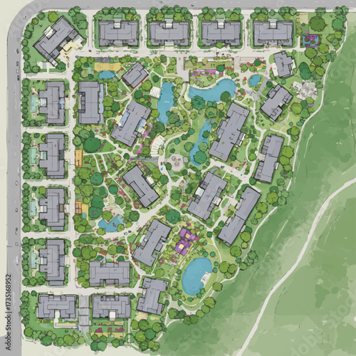 Aerial view of a meticulously planned residential community, showcasing buildings, green spaces, and water features for a harmonious living environment.