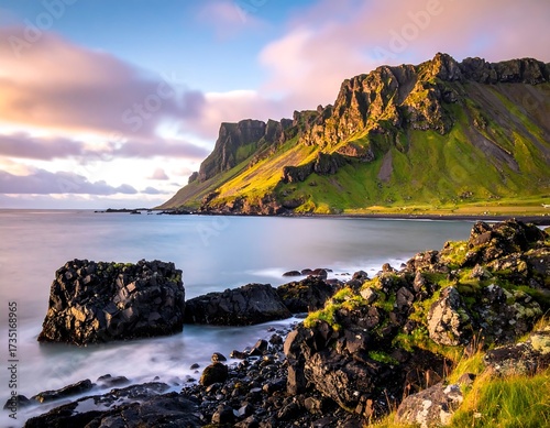 Icelandic Coastal Landscape at Sunrise.