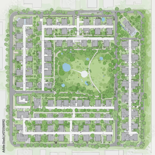 Aerial view of a planned community, showcasing houses, green spaces, and roads within a well-designed urban landscape.
