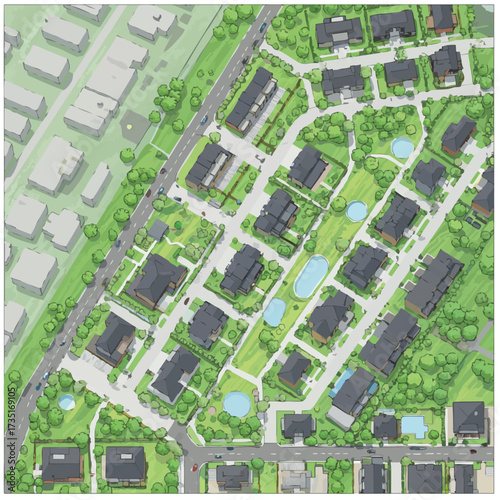 An aerial architectural illustration showcases a planned residential community with houses, greenery, roads, and water features, designed for modern living.