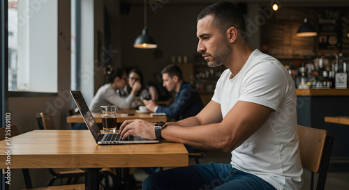 Man works on laptop at cafe drinking beer