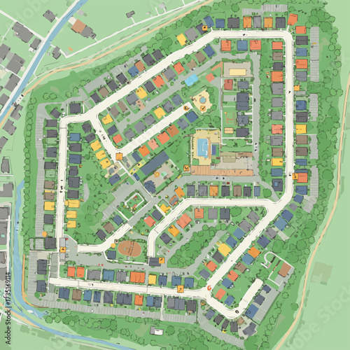 An aerial view illustrates a detailed map of a residential neighborhood with houses, roads, and green spaces, showcasing urban planning.
