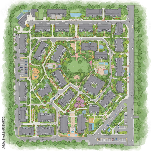 An aerial view showcases a meticulously planned residential community with buildings, green spaces, and roads, representing urban planning and modern living.