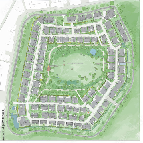 Overhead architectural plan of a residential community featuring houses, green spaces, roads, and a central park for comfortable living.
