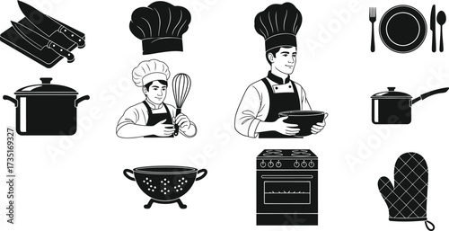 Chef cooking vector illustration kitchenware and chef characters aditable
