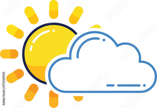 Bright sun hiding behind fluffy cloud icon for weather forecast