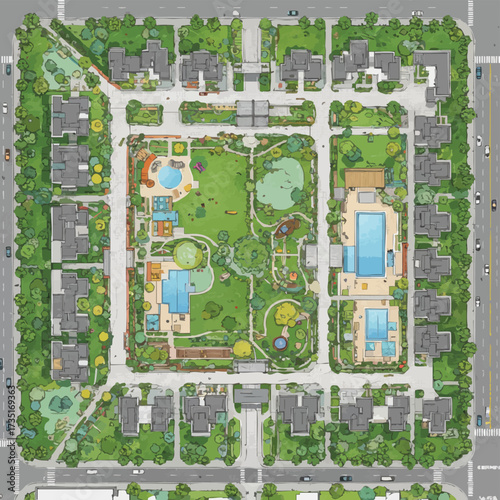 An aerial view showcases a meticulously planned community with residences, parks, swimming pools, and lush green spaces, offering a harmonious living environment.