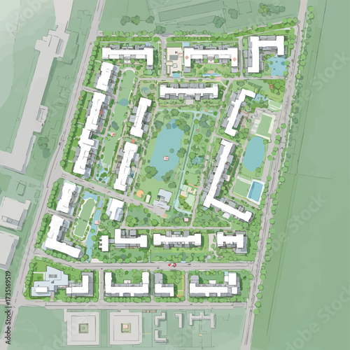 An architectural illustration showcases a detailed aerial view of a planned residential community featuring buildings, green spaces, and water features.
