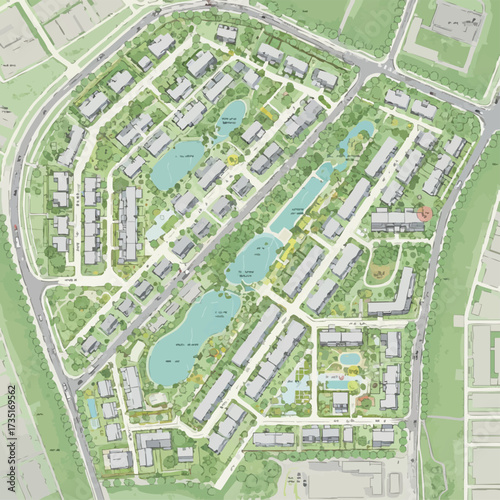 Aerial view of a planned residential community with houses, green spaces, and water features, showcasing urban planning and infrastructure.