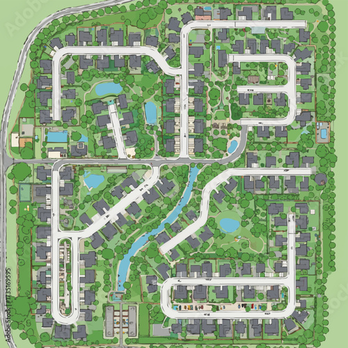 Aerial illustration of a planned residential community with houses, roads, green spaces, and bodies of water, showcasing urban planning.