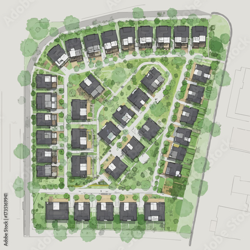 An architectural illustration showcases a modern residential community, emphasizing the layout of houses and green spaces within a planned development.