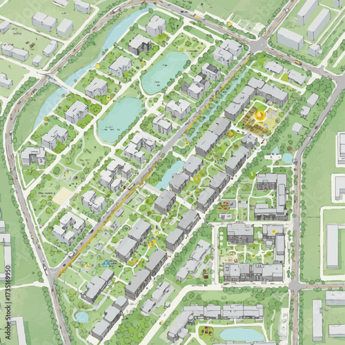 An aerial view showcases a detailed architectural plan of a modern residential complex, featuring buildings, green spaces, and infrastructure.