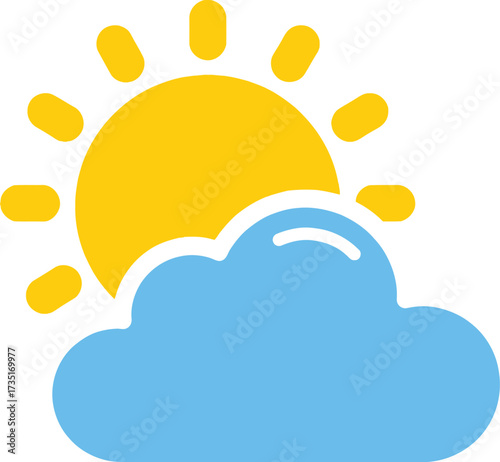 Bright sun hiding behind fluffy cloud illustration on grey backdrop