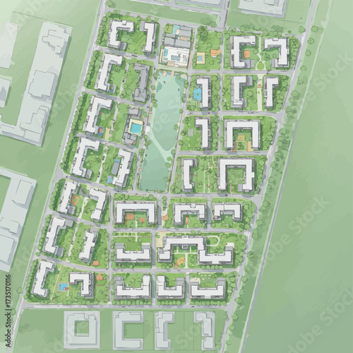 An aerial view showcases a modern residential complex, featuring buildings, green spaces, and a serene lake, designed for comfortable urban living.