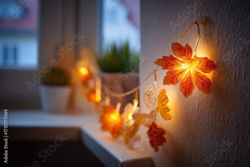 Autumnal leaf-shaped string lights illuminate a windowsill.