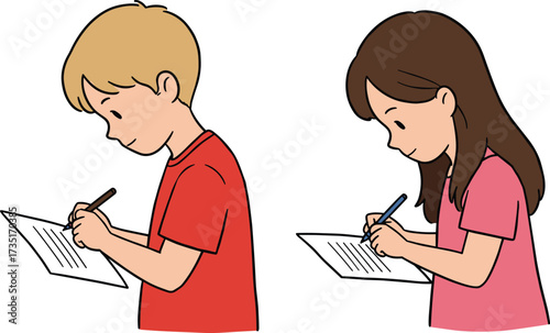 Cute boy and girl writing on paper with pens while studying or doing homework cartoon vector illustration for education and school design
