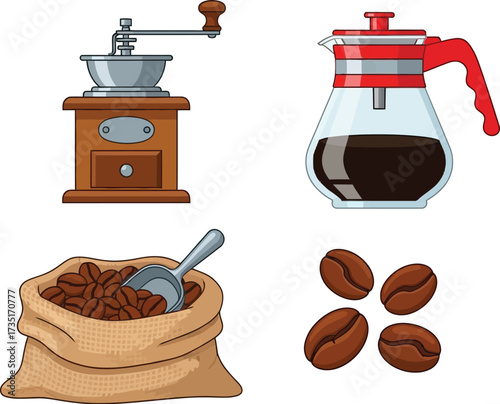 Coffee beans grinder and pot vector illustration graphic aditable