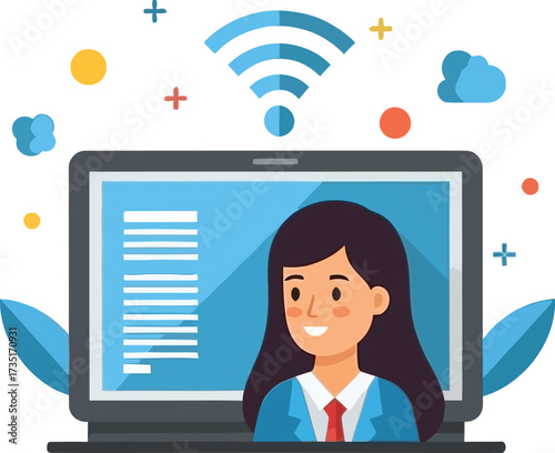 Illustration of a woman on a laptop screen with wifi signal and decorative elements around it online meeting