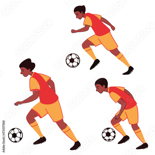 Dynamic Soccer Players Dribbling Ball with Precision in Vibrant Red and Yellow Uniforms on White Background Stock Illustration