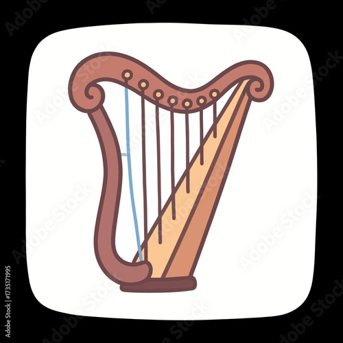 A simple and elegant sticker-style illustration of a classical harp, a beautiful and timeless icon for music, harmony, angels, and celestial, ethereal sounds.
