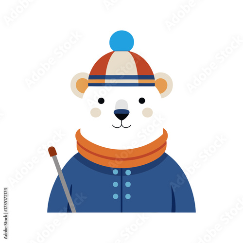 Cute cartoon black bear character wearing a warm winter hat and scarf holding a ski pole ready for winter sports and outdoor activities