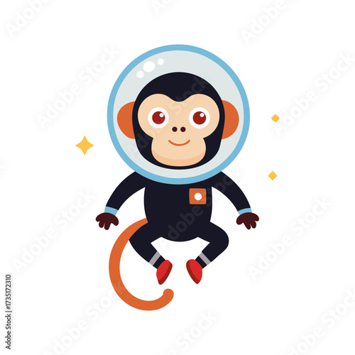Cute cartoon monkey astronaut floating in outer space wearing a spacesuit and helmet with stars around it on a black background