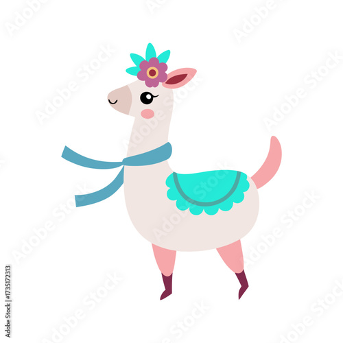 Cute cartoon llama wearing a blue scarf and a turquoise saddle blanket with a flower on its head isolated on a black background perfect for children s designs and illustrations