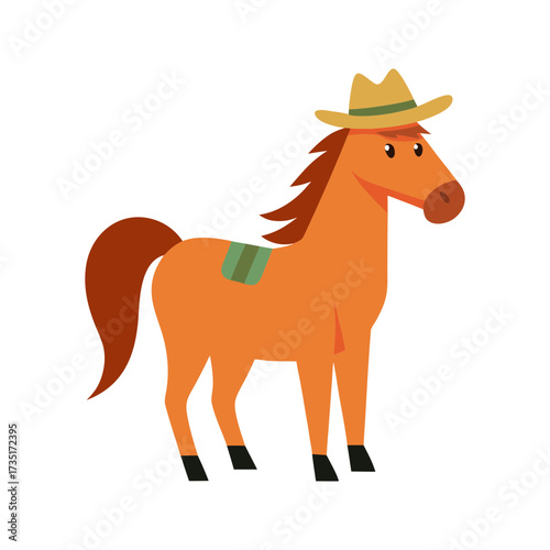 A charming cartoon illustration of a friendly orange horse wearing a cowboy hat and a green saddle pad standing against a plain black background