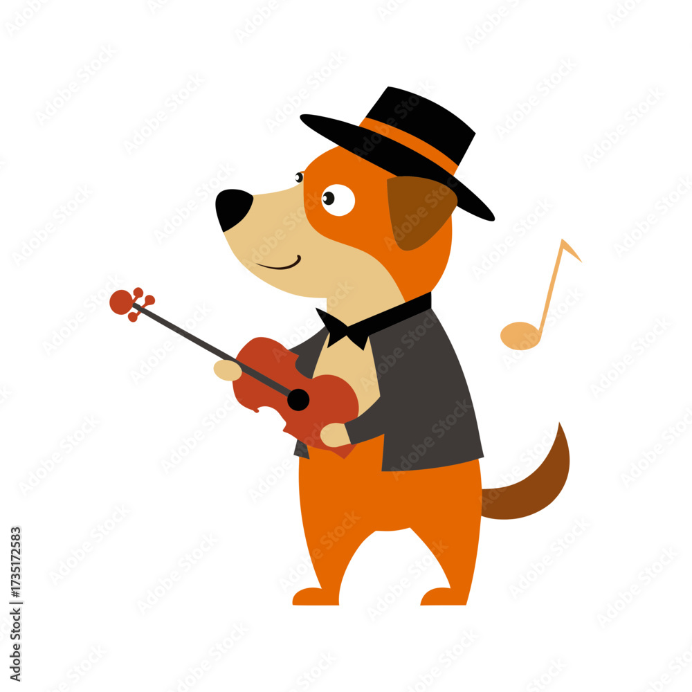 Obraz premium A charming cartoon dog wearing a hat and jacket plays the violin with a musical note floating nearby perfect for music themed designs