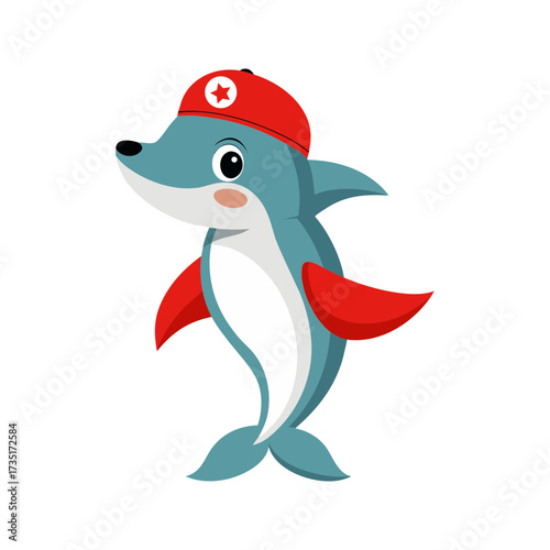 Cute cartoon dolphin wearing a red hat with a white star smiling and looking to the side isolated on a black background playful and friendly marine animal illustration