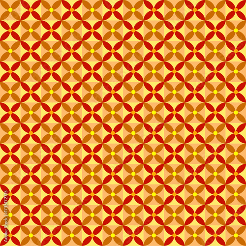 Seamless geometric pattern with red and orange petal-like shapes forming a flower-inspired abstract design. Decorative repeating motif with warm tones, perfect for wallpapers and textile prints