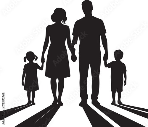 Family Silhouette Vector | Parents and Kids Holding Hands Design