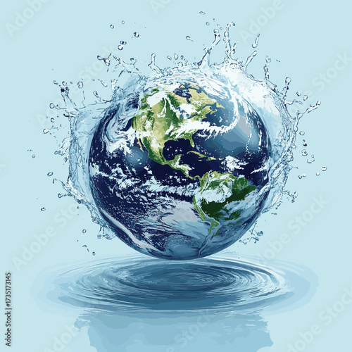 A stylized globe is submerged in water with a splash