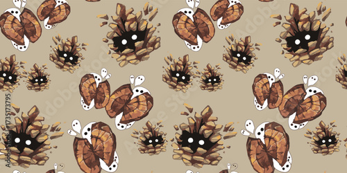 A playful, seamless pattern featuring stylized pinecones that have been anthropomorphized. Some pinecones appear like moths or butterflies with white wings and dotted antennae, while others are dark, 