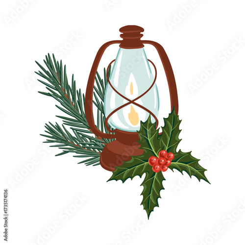 vector drawing Christmas composition, vintage kerosene lamp and fir branch with green needles and holly leaves and red berries, hand drawn illustration